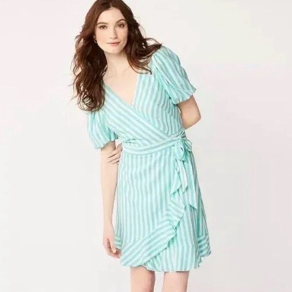 Draper James RSVP Aqua White Stripe Wrap Dress Puff Sleeve Linen Blend Dress XXL